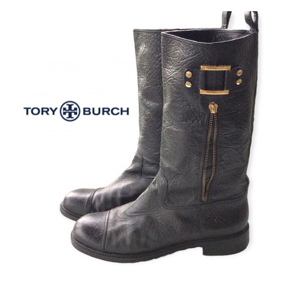 Tory Burch Black Stowe Flat Moto Boots 10 -
